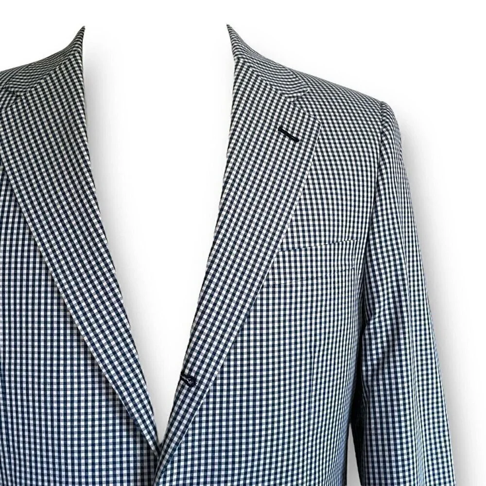Orvis Mens Sport Coat Jacket 38R Navy Blue Beige Gingham Cotton Blend Two Button